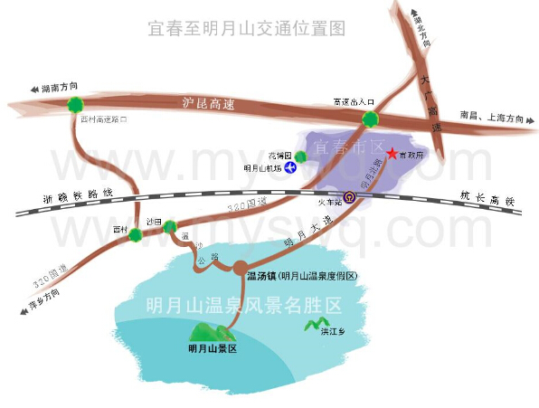 宜春市區(qū)至明月山自駕車怎么走(溫湯鎮(zhèn)、景區(qū))交通位置