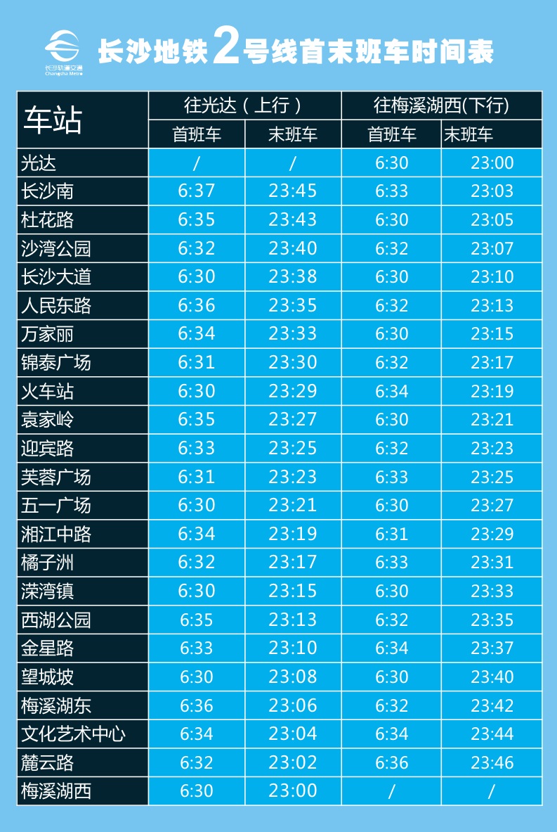 長沙地鐵2號線首末班車時間表